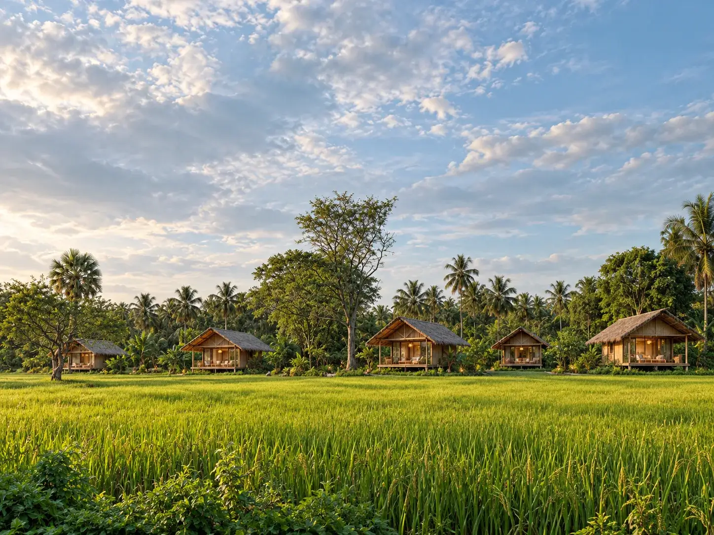 Bungalows across the paddy fields