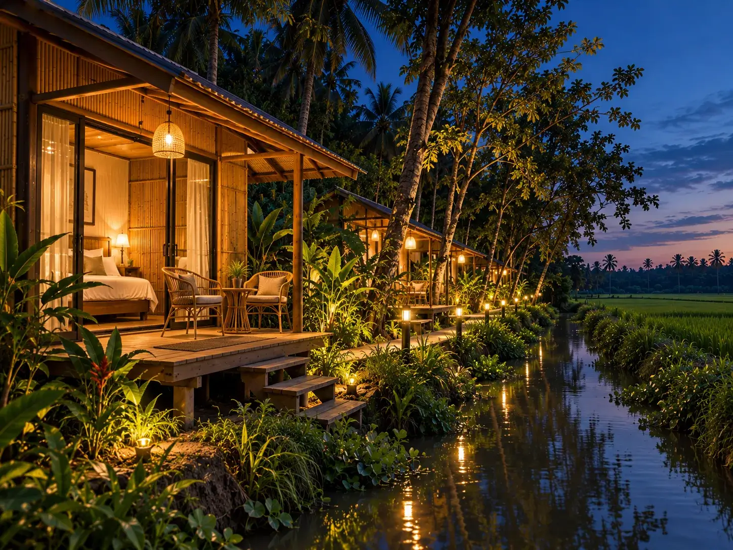 Vantara Eco Lodge bungalows at twilight beside the canal
