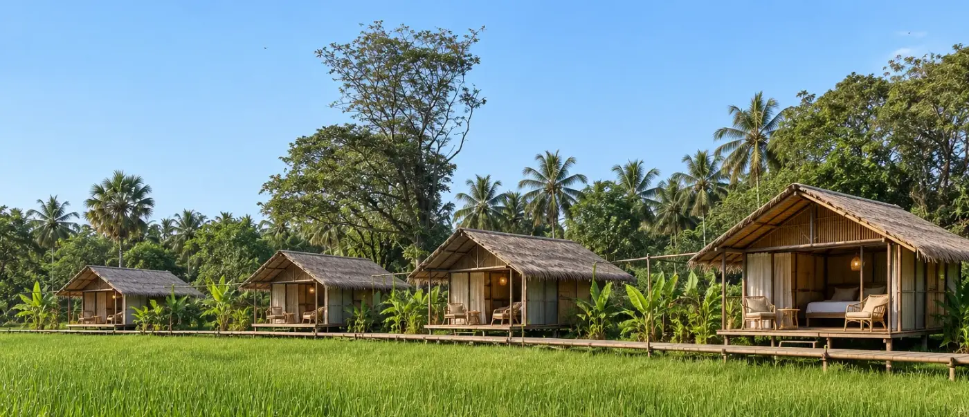 A row of bungalows along the raised walkway